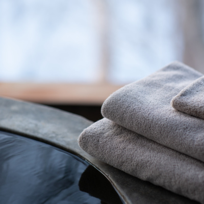 Exclusive Ikeuchi towels, renowned for their fine, soft texture and absorbency, are made in Imabari from organic cotton and using wind power.